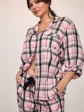 Pink Plaid Women’s Pajama Set - Cozy Button-Up Top & Drawstring Pants